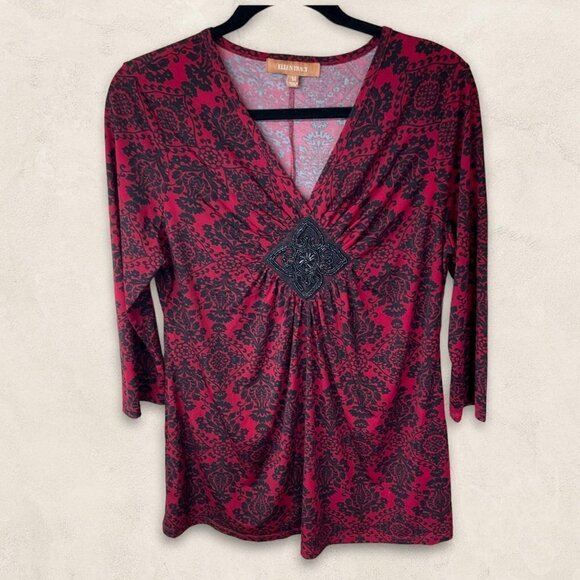 ELLEN Tracy 3/4 Length Sleeve Demask Top With Center Embellishment Size M - Picture 3 of 5